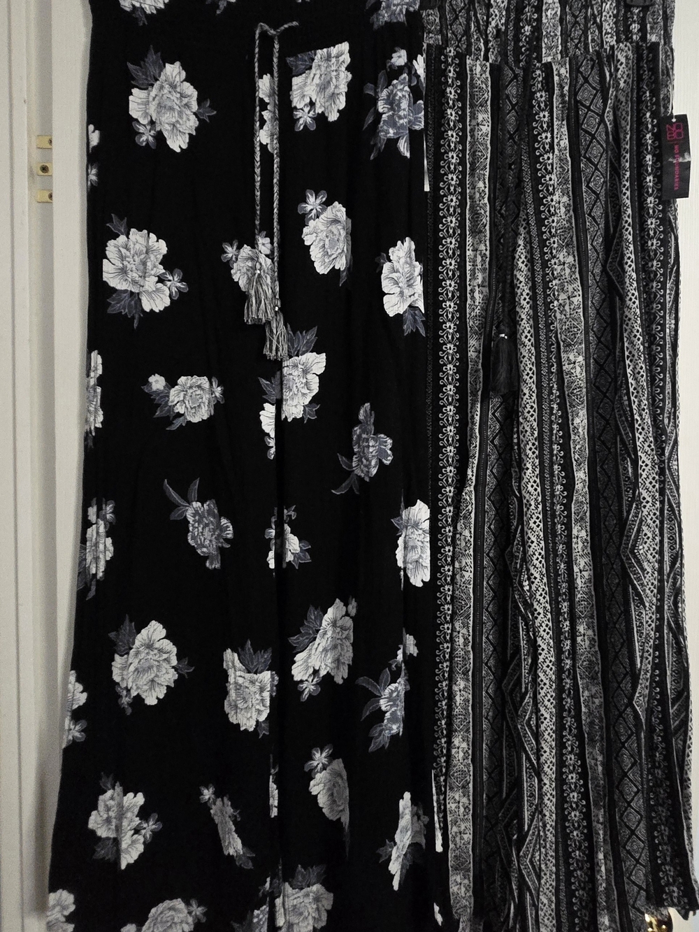 Black Floral & Boho Pull On Pants with Tassel Tie